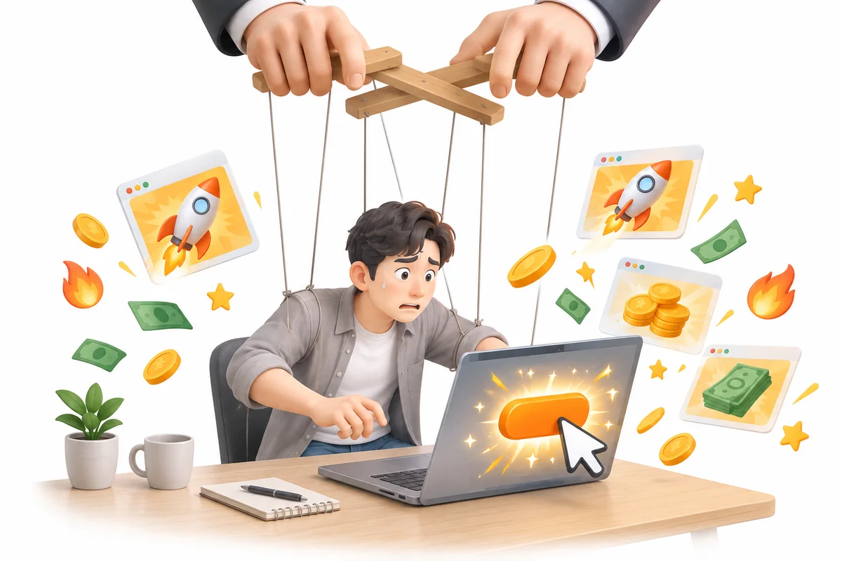 꼭두각시 줄에 매달린 판매자가 반짝이는 버튼을 누르고, 주위에 화려한 가짜 광고가 떠다니는 그림