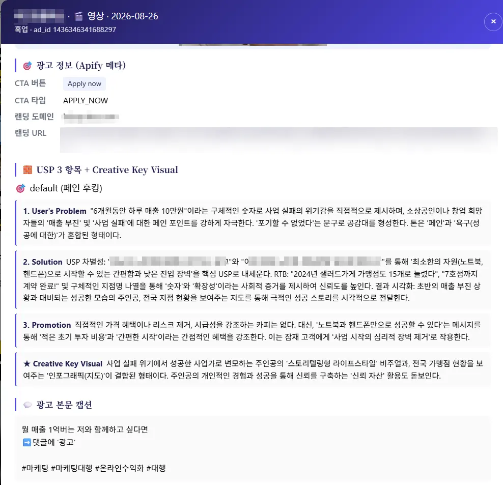 광고 한 건을 뜯어 본 화면 — USP 세 항목과 핵심 비주얼