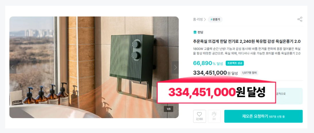 욕실온풍기 2.0 와디즈 펀딩 달성 3억 3,445만 원